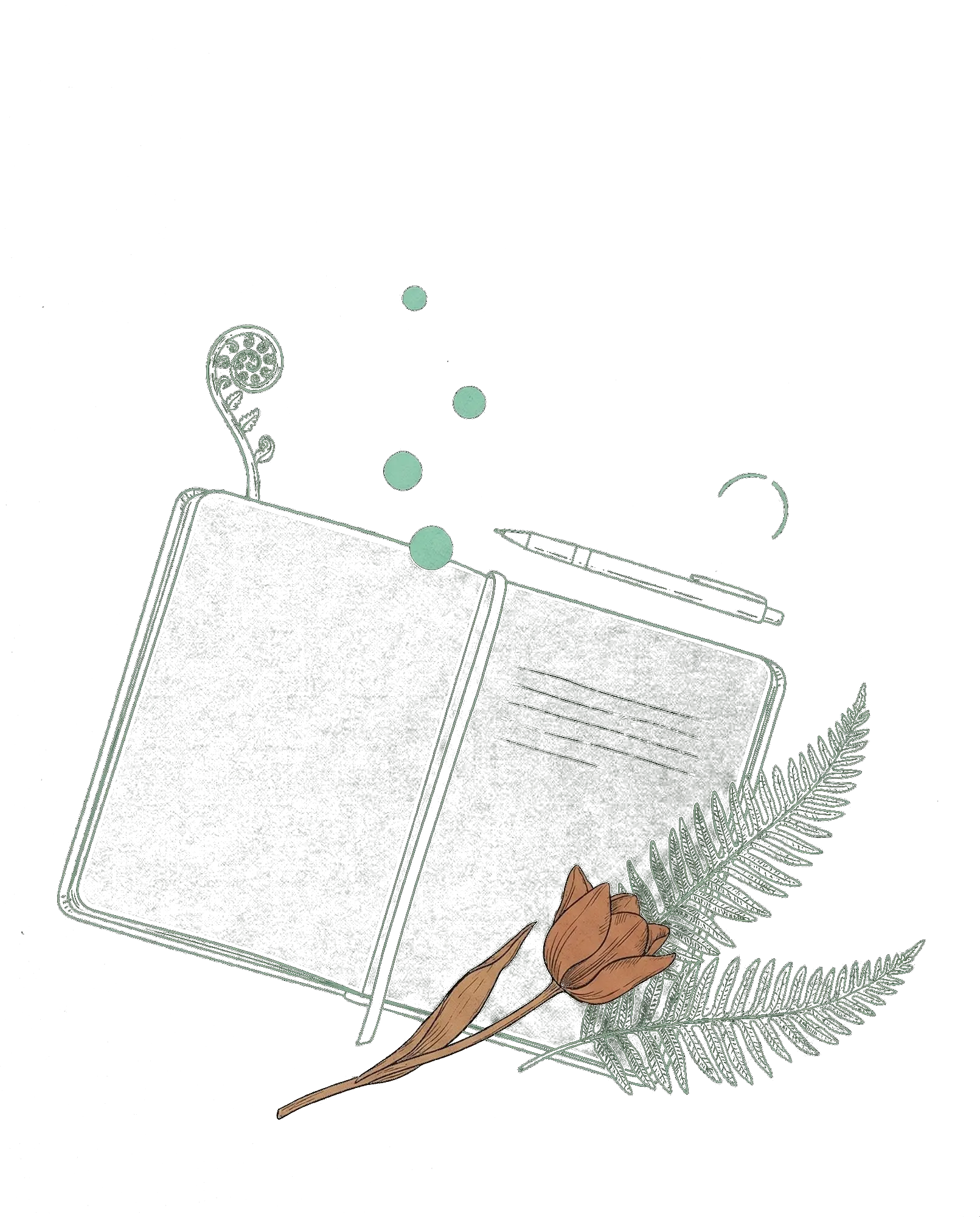 Carnet ouvert avec crayon, fougère koru et fleur — illustration fondateur